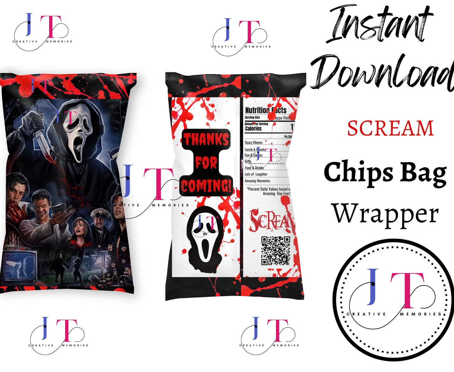 Scream Halloween Digital Chip Bags, Scream Party Favor, Scream Snacks Wrapper, Scream Chips Wrapper, Custom Chips Wrapper