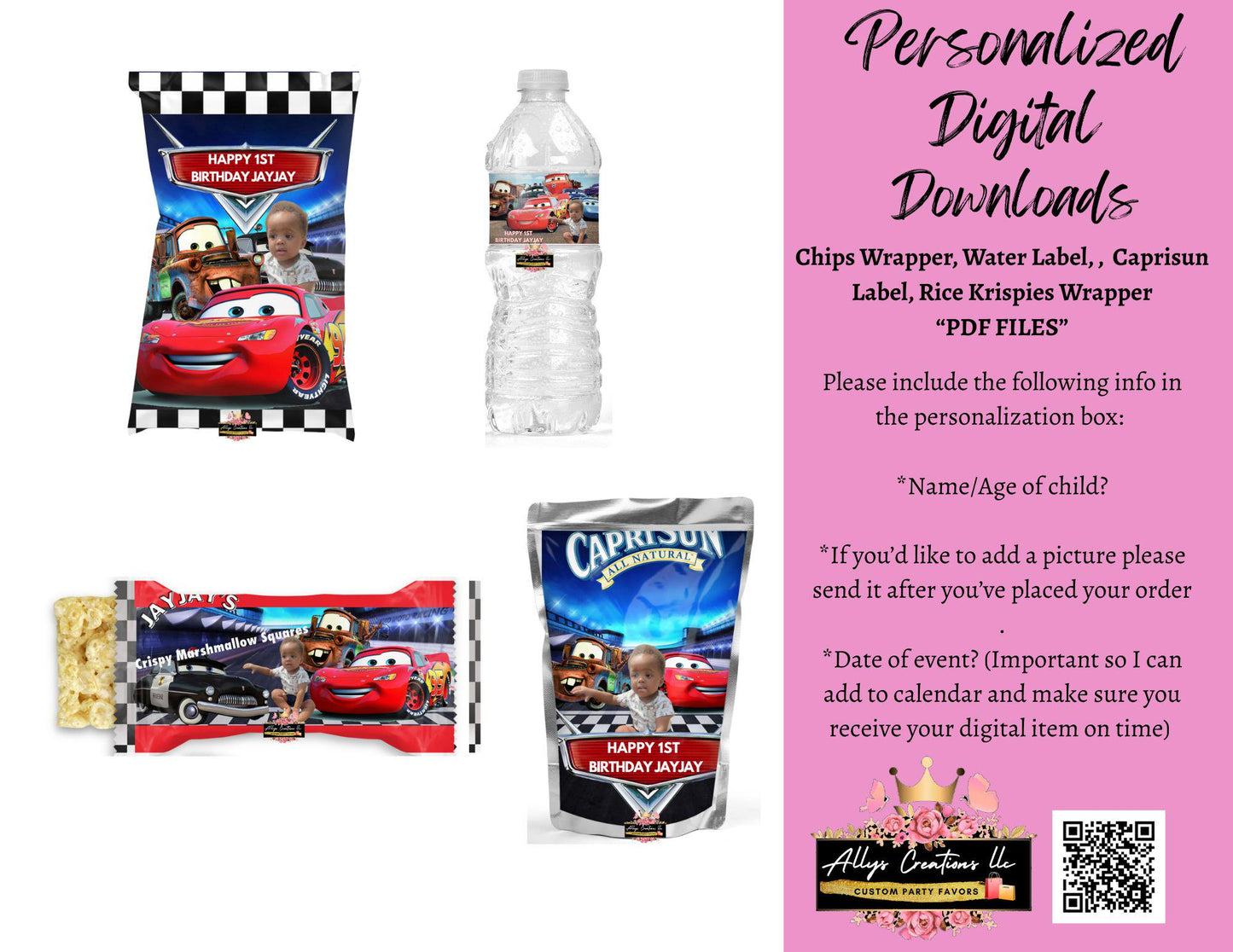 Cars Inspired Birthday Bundle, Water label, Juice Labels, Chips bags, Rice Krispies