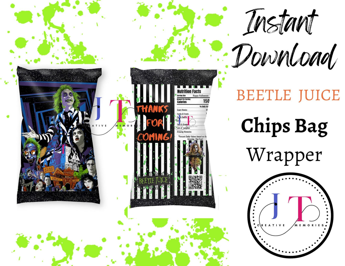 Beetle Juice Halloween Digital Chip Bags, Beetle Juice Party Favor, Beetle Juice Snacks Wrapper, Beetle Juice Chips Wrapper